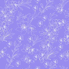 Fototapeta na wymiar Floral purple background white contour flowers. Endless textures for romantic design, decoration, greeting cards, bed linen, invitations, advertising, tiles, fabrics.