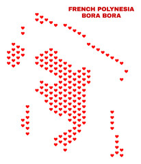 Mosaic Bora-Bora map of heart hearts in red color isolated on a white background. Regular red heart pattern in shape of Bora-Bora map. Abstract design for Valentine decoration. - obrazy, fototapety, plakaty