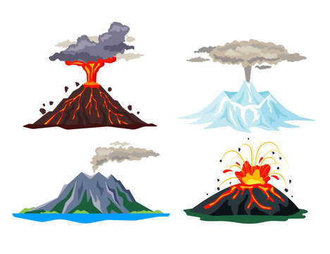 Volcano eruption set with magma, smoke, ashes isolated on white background. Volcanic activity hot lava eruption, sleeping and erupting volcanoes - flat vector illustration