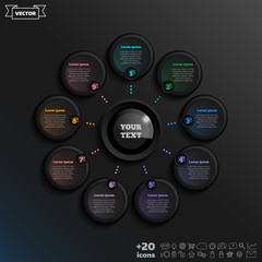 Vector infographic design with colorful circle on the black background. Business concept. 9 options, parts, steps. Can be used for graph, diagram, chart, workflow layout, number options, web