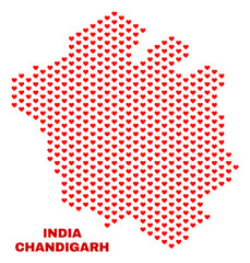 Mosaic Chandigarh City map of heart hearts in red color isolated on a white background. Regular red heart pattern in shape of Chandigarh City map. Abstract design for Valentine decoration.