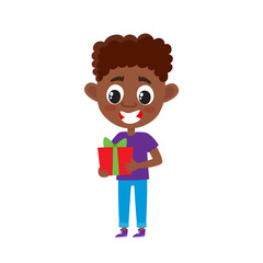 Vector illustration of african boy with gift isolated on white.