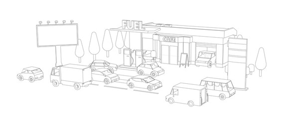 Filling station. Refilling fuel, motorway road shop, repair service. Petroleum gas station and cars. Petrol tank, gasoline. Gray lines outline contour style.