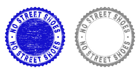 Grunge NO STREET SHOES stamp seals isolated on a white background. Rosette seals with grunge texture in blue and grey colors. Vector rubber stamp imprint of NO STREET SHOES title inside round rosette.