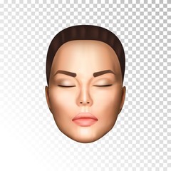 Vector illustration of realistic beautiful nice woman face witn closed eyes, light skin on on transparent background isolated. Photorealistic style.