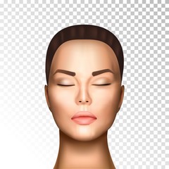 Vector illustration of realistic beautiful nice woman face witn closed eyes, light skin on on transparent background isolated. Photorealistic style.