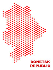 Mosaic Donetsk Republic map of valentine hearts in red color isolated on a white background. Regular red heart pattern in shape of Donetsk Republic map. Abstract design for Valentine illustrations.