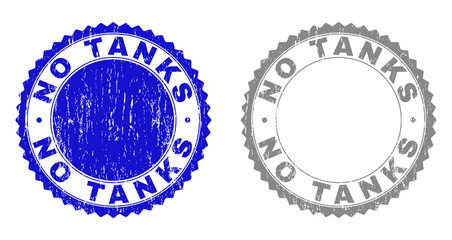 Grunge NO TANKS stamp seals isolated on a white background. Rosette seals with grunge texture in blue and gray colors. Vector rubber stamp imitation of NO TANKS caption inside round rosette.