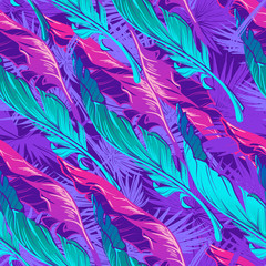 Banana plant leavs on a dark purple background. Tropical jungle. Seamless pattern with Irregular distribution of elements. Trendy 2019 colors. Diagonal rythm. EPS10 vector illustration.
