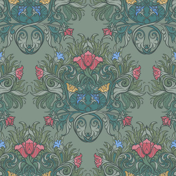 Decorative flower composition with stylized red poppies and bluebells. Medieval gothic style seamless pattern. EPS10 vector illustration