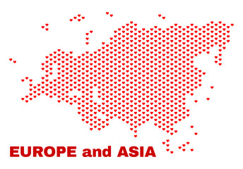 Mosaic Europe and Asia map of heart hearts in red color isolated on a white background. Regular red heart pattern in shape of Europe and Asia map. Abstract design for Valentine decoration.