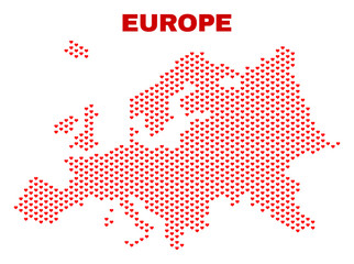 Mosaic Europe map of love hearts in red color isolated on a white background. Regular red heart pattern in shape of Europe map. Abstract design for Valentine decoration.