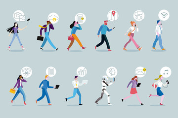 Fototapeta na wymiar Set of business people walking using their mobile devices