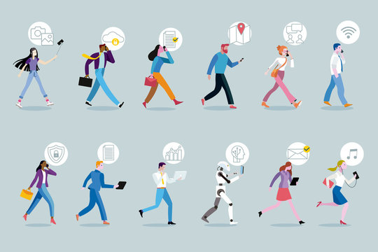 Set of business people walking using their mobile devices