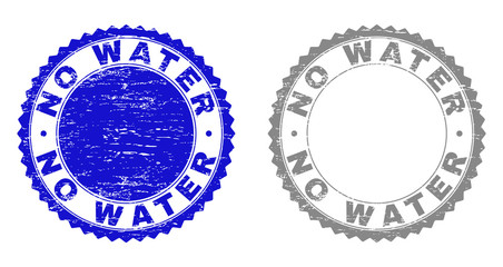 Grunge NO WATER stamp seals isolated on a white background. Rosette seals with grunge texture in blue and grey colors. Vector rubber stamp imitation of NO WATER text inside round rosette.