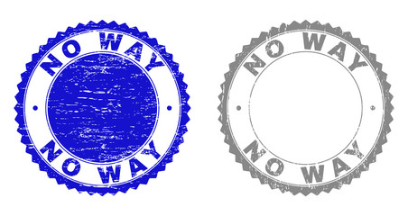 Grunge NO WAY stamp seals isolated on a white background. Rosette seals with grunge texture in blue and grey colors. Vector rubber stamp imitation of NO WAY tag inside round rosette.