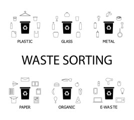 Waste sorting collection of icons, more than 50 elements. Six dustbins with different types of garbage - paper, metal, plastic, organic, e-waste and glass.