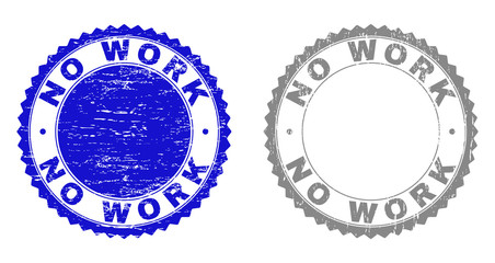 Grunge NO WORK stamp seals isolated on a white background. Rosette seals with grunge texture in blue and gray colors. Vector rubber stamp imprint of NO WORK caption inside round rosette.