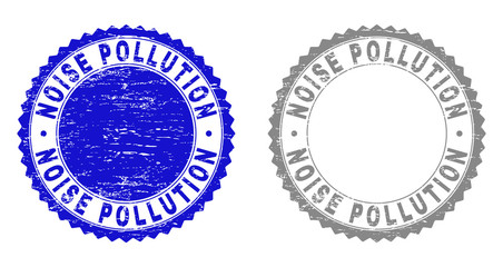 Grunge NOISE POLLUTION stamp seals isolated on a white background. Rosette seals with distress texture in blue and grey colors.