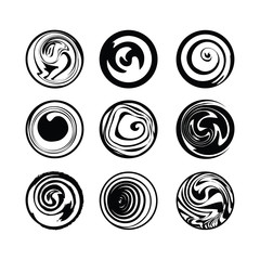 Set of spiral and swirl motion elements. Black isolated abstract objects, icons. Different brush textures, vector illustrations.