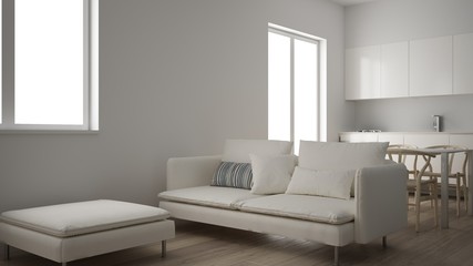 Minimalist small kitchen in one bedroom apartment, living room with sofa, armchair and pouf, parquet floor, white interior design, clean architecture concept idea