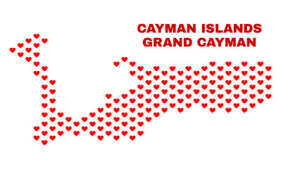 Mosaic Grand Cayman Island map of love hearts in red color isolated on a white background. Regular red heart pattern in shape of Grand Cayman Island map. Abstract design for Valentine decoration.