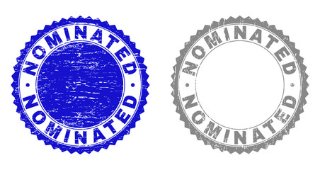 Grunge NOMINATED stamp seals isolated on a white background. Rosette seals with grunge texture in blue and grey colors. Vector rubber stamp imprint of NOMINATED title inside round rosette.