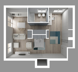 One room apartment flat top view, Murphy bed, furniture and decors, plan, cross section interior design, architect designer concept idea, isolated on gray background
