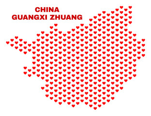 Mosaic Guangxi Zhuang Region map of heart hearts in red color isolated on a white background. Regular red heart pattern in shape of Guangxi Zhuang Region map. Abstract design for Valentine decoration.