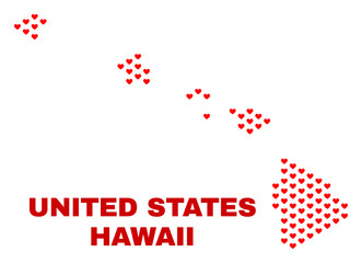 Mosaic Hawaii State map of love hearts in red color isolated on a white background. Regular red heart pattern in shape of Hawaii State map. Abstract design for Valentine illustrations.