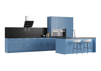 Blue kitchen with island.3D rendering