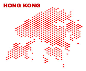 Mosaic Hong Kong map of valentine hearts in red color isolated on a white background. Regular red heart pattern in shape of Hong Kong map. Abstract design for Valentine illustrations.
