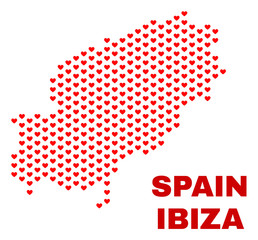 Fototapeta premium Mosaic Ibiza Island map of love hearts in red color isolated on a white background. Regular red heart pattern in shape of Ibiza Island map. Abstract design for Valentine decoration.