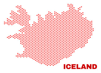 Mosaic Iceland map of valentine hearts in red color isolated on a white background. Regular red heart pattern in shape of Iceland map. Abstract design for Valentine illustrations.