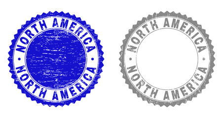 Grunge NORTH AMERICA stamp seals isolated on a white background. Rosette seals with grunge texture in blue and grey colors. Vector rubber stamp imitation of NORTH AMERICA label inside round rosette.
