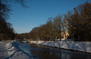 The frozen chanel at Djurgården island in Stockholm a snowy winter day
