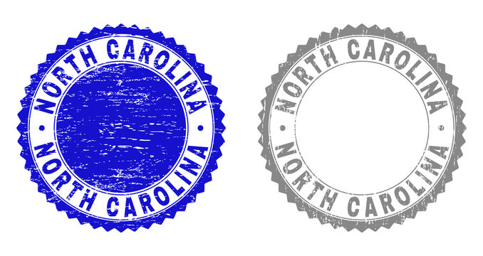 Grunge NORTH CAROLINA stamp seals isolated on a white background. Rosette seals with distress texture in blue and gray colors. Vector rubber stamp imprint of NORTH CAROLINA text inside round rosette.