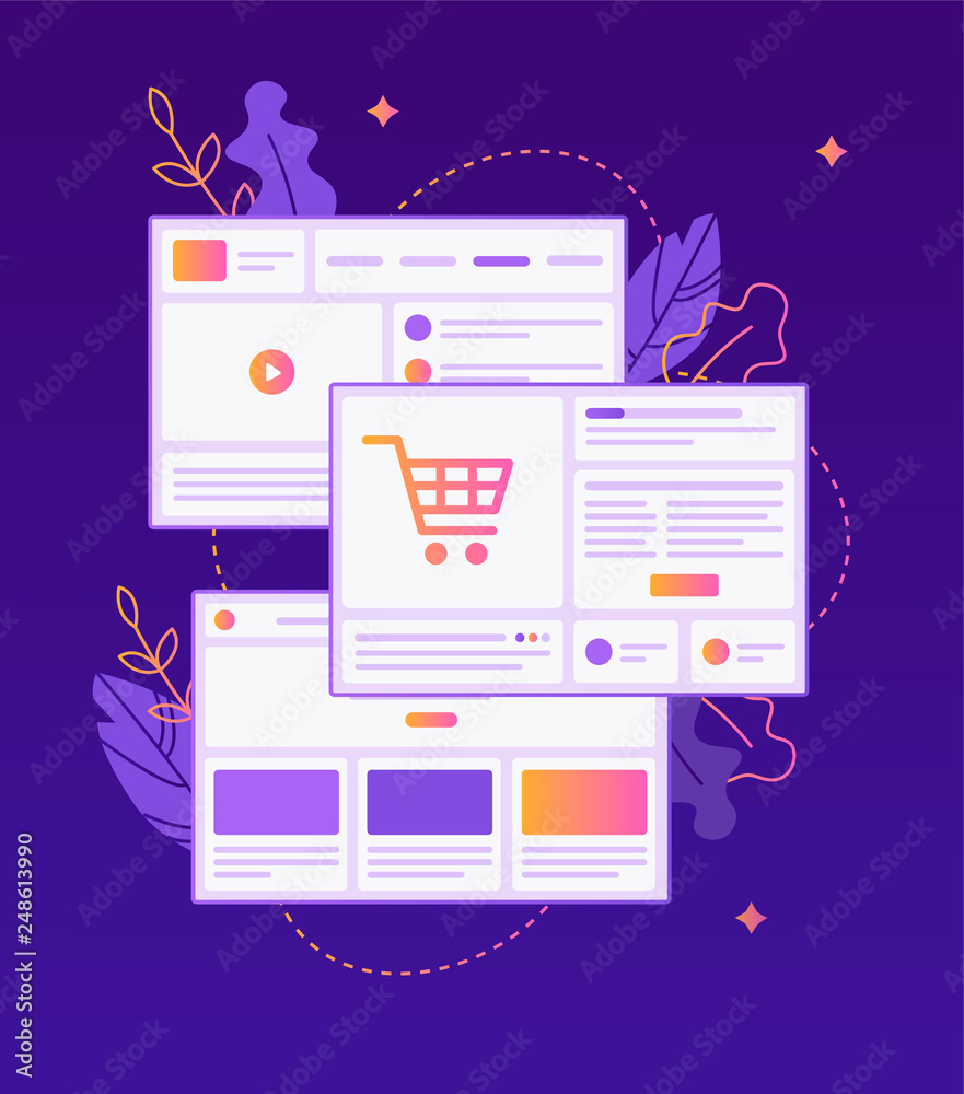 Poster different templates to create a website. web development. website builder concept. flat vector illus