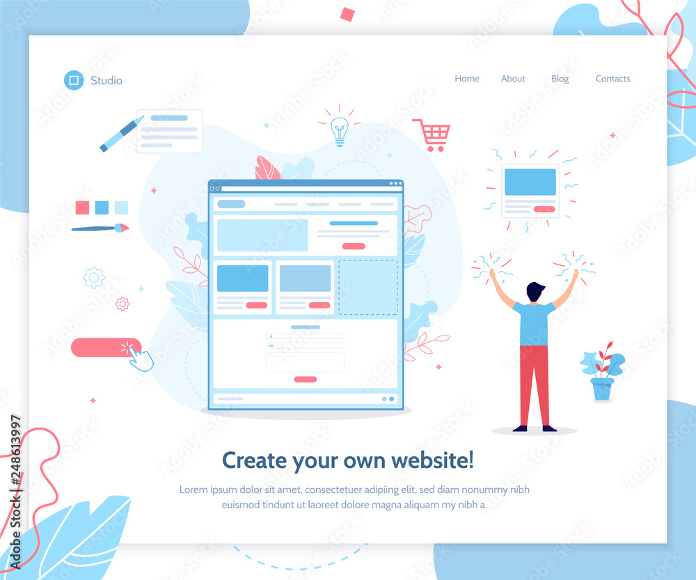 Wall mural a man creates his own website. website builder concept. vector illustration template for landing pag