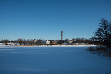 Snowy winter view in Stockholm, teletower, the meadow Gärdet and the Park Djurgården