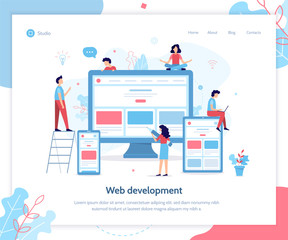 Development team create responsive website. Web development concept. Flat vector illustration.