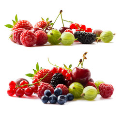 Ripe currants, raspberries, cherries, strawberries, gooseberries, mulberries and bilberries. Background of mix fruits with copy space for text. Mix berries on white background. 