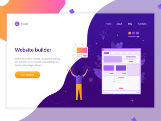 A man creates his own website. Website builder concept. Vector illustration template for web site. Flat design.