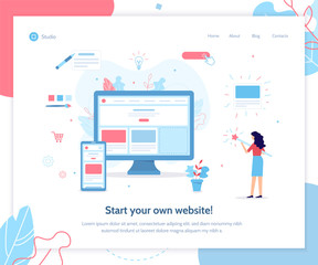 Start your own website. Web banner design template. Website builder concept. Flat vector illustration.