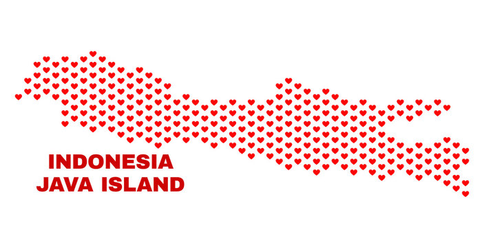 Mosaic Java Island map of valentine hearts in red color isolated on a white background. Regular red heart pattern in shape of Java Island map. Abstract design for Valentine decoration.