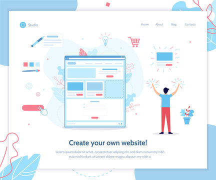 A man creates his own website. Website builder concept. Vector illustration template for landing page. Flat design.