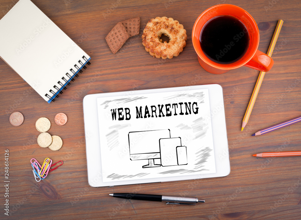 Wall mural web marketing concept. text and icon on tablet computer