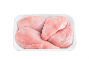 Top View of Uncooked Raw Chicken Breasts, Fillets in a White Foam Container Isolated On White Background. Organic Poultry Meat Cooking Concept.