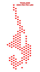 Mosaic Koh Phi Leh map of heart hearts in red color isolated on a white background. Regular red heart pattern in shape of Koh Phi Leh map. Abstract design for Valentine decoration.