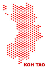 Mosaic Koh Tao map of heart hearts in red color isolated on a white background. Regular red heart pattern in shape of Koh Tao map. Abstract design for Valentine decoration.